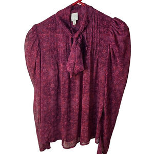 Joie Women's Burgundy Paisley Sheer Puff Sleeve Tie Front Blouse size medium
